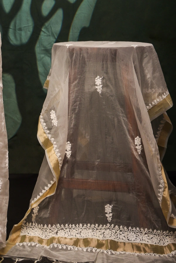 Premium Chikankari White Organza Kurta Dupatta  Set - Off White, Unstiched