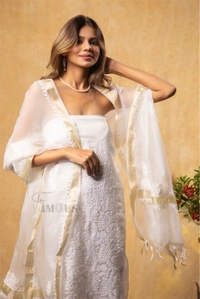 Premium Chikankari White Organza Kurta Dupatta  Set - White, Unstiched