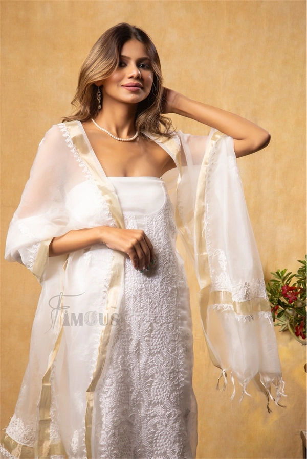 Premium Chikankari White Organza Kurta Dupatta  Set - White, Unstiched
