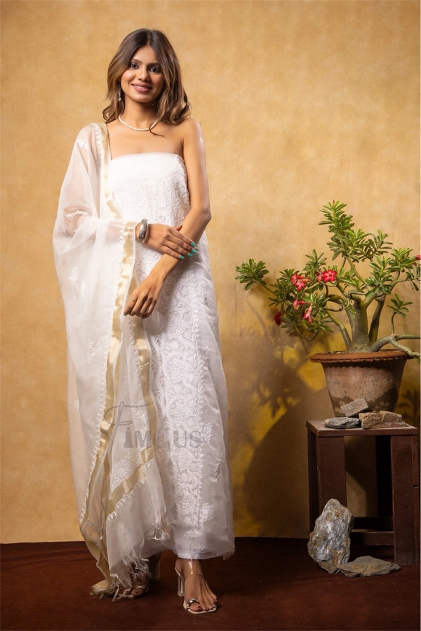 Premium Chikankari White Organza Kurta Dupatta  Set - White, Unstiched