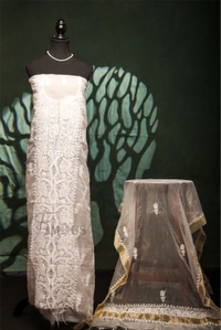 Premium Chikankari White Organza Kurta Dupatta  Set - White, Unstiched