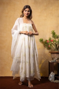 Off White Elegant Chikankari Semi-Stitched Gown With Dupatta - Semi Stiched, Off White