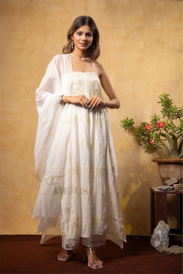 Off White Elegant Chikankari Semi-Stitched Gown With Dupatta - Semi Stiched, Off White
