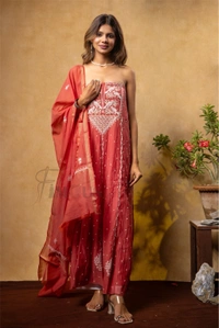 Rust Chikankari And Zardozi Anarkali And Dupatta Set - Semi Stiched, Rust