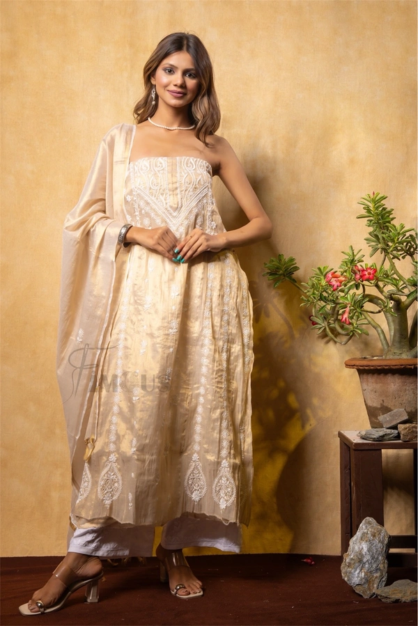 Golden Tissue Elegant Chikankari And Mukaish Semi-Stitched Gown With Dupatta - Semi Stiched, Golden