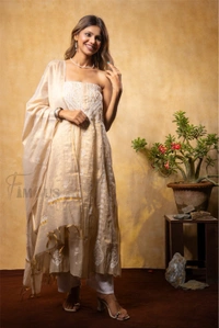 Golden Tissue Elegant Chikankari And Mukaish Semi-Stitched Gown With Dupatta - Semi Stiched, Golden