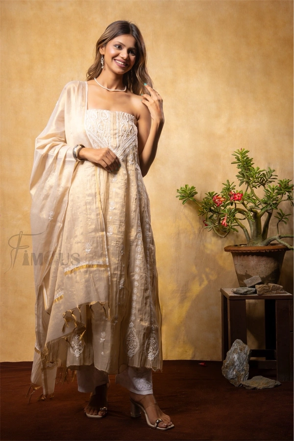 Golden Tissue Elegant Chikankari And Mukaish Semi-Stitched Gown With Dupatta - Semi Stiched, Golden