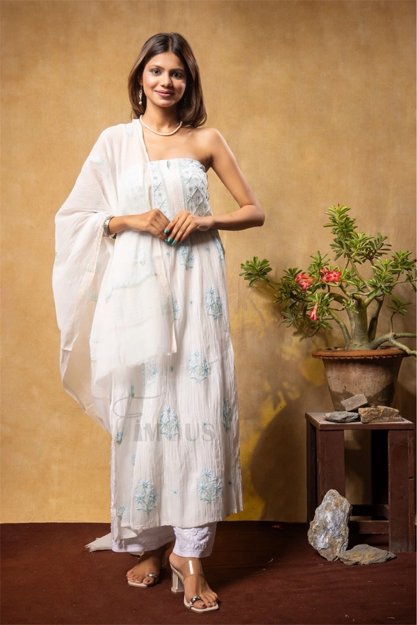 Creamy Elegant Chikankari Semi-Stitched Gown With Dupatta - Semi Stiched, Off White