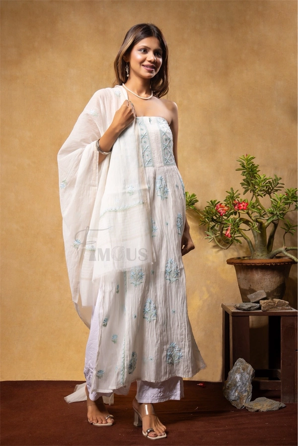 Creamy Elegant Chikankari Semi-Stitched Gown With Dupatta - Semi Stiched, Off White