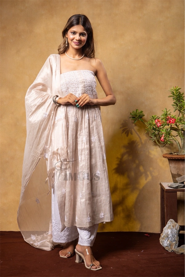 Tussar Tissue Elegant Chikankari Semi-Stitched Gown With Dupatta - Semi Stiched, Tussar