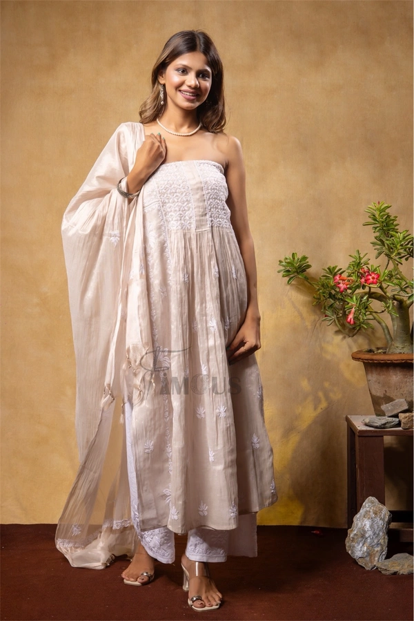 Tussar Tissue Elegant Chikankari Semi-Stitched Gown With Dupatta - Semi Stiched, Tussar
