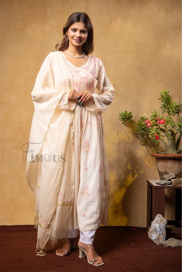 Beige Elegant Chikankari Semi-Stitched Angarkha With Dupatta - Beige, Semi Stiched