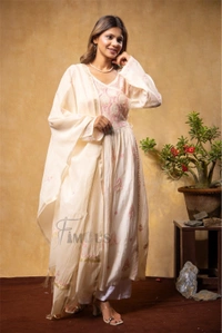 Beige Elegant Chikankari Semi-Stitched Angarkha With Dupatta - Beige, Semi Stiched