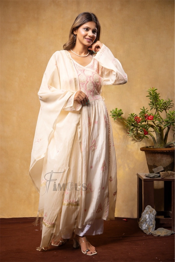 Beige Elegant Chikankari Semi-Stitched Angarkha With Dupatta - Beige, Semi Stiched