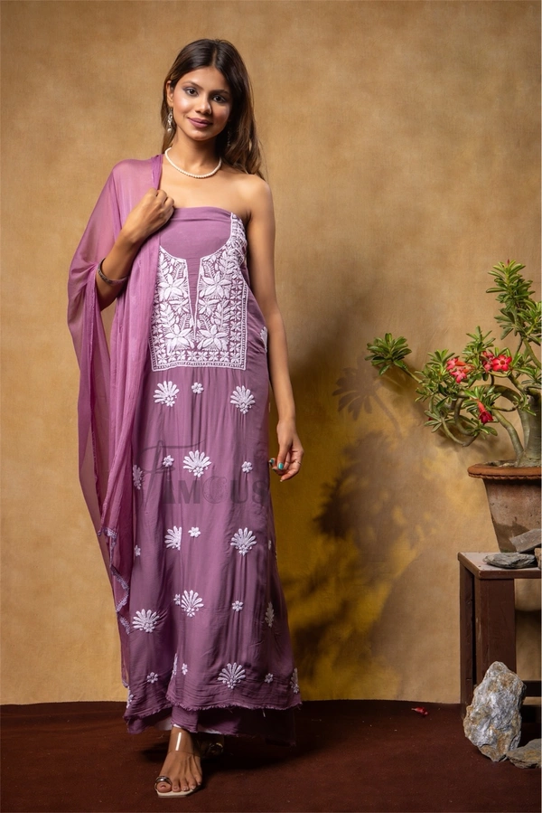 Wine Chikankari Unstiched Suit In Modal Fabric - Wine, Unstiched
