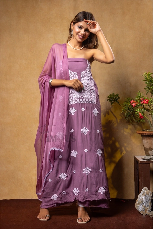 Wine Chikankari Unstiched Suit In Modal Fabric - Wine, Unstiched