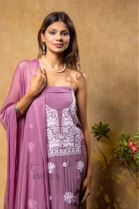 Wine Chikankari Unstiched Suit In Modal Fabric - Wine, Unstiched