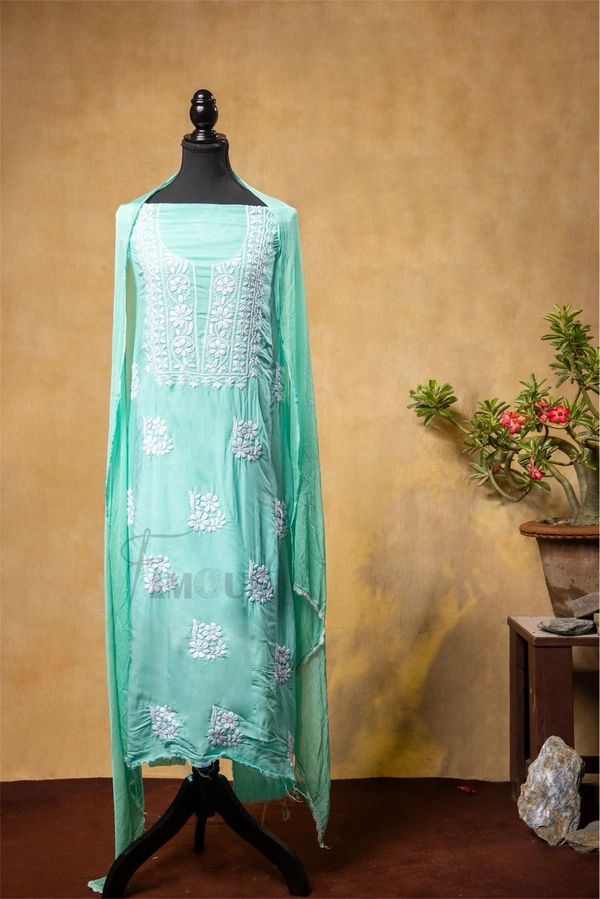 Sea Green Chikankari Unstiched Suit In Modal Fabric - Unstiched, Sea Green