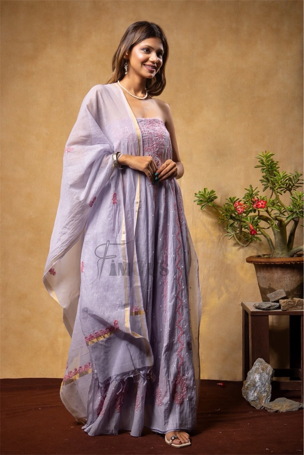 Grey Chikankari Anarkali And Dupatta Set - Semi Stiched, Grey