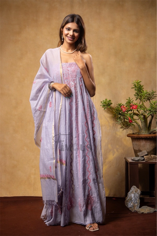 Grey Chikankari Anarkali And Dupatta Set - Semi Stiched, Grey