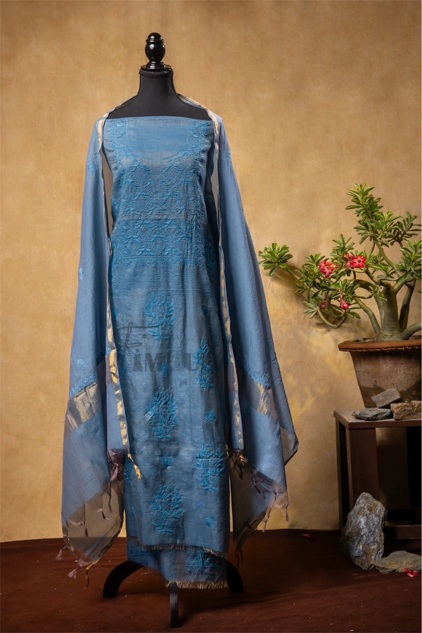 Grey Chikankari Unstiched Kurta Dupatta  - Grey, Unstiched