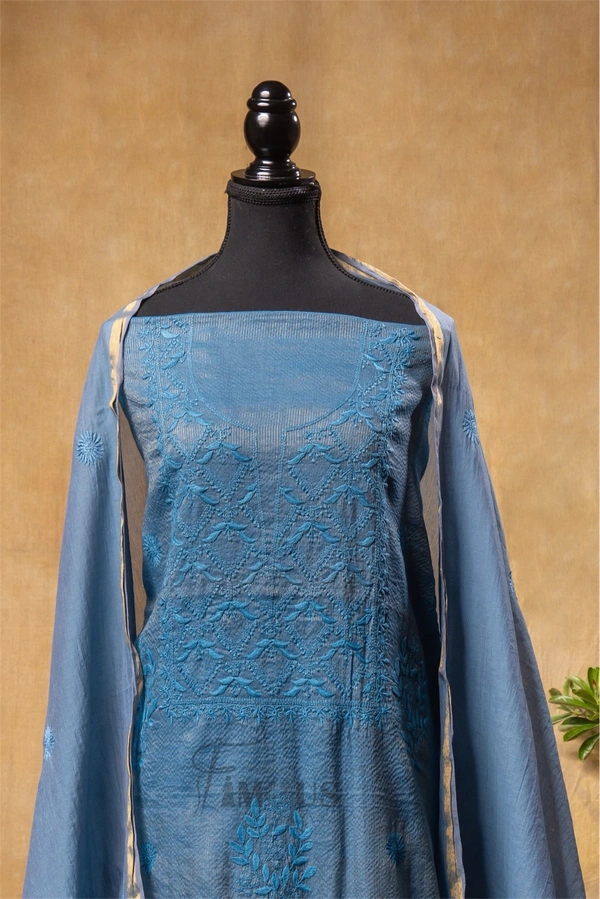 Grey Chikankari Unstiched Kurta Dupatta  - Grey, Unstiched