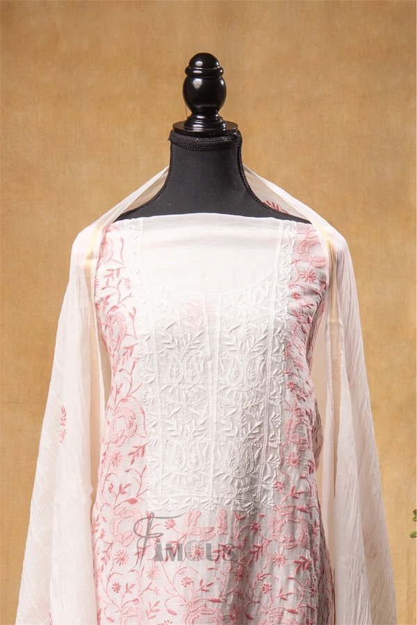 Off White Chikankari  Jaalwork Unstiched Dress - Cream, Unstiched