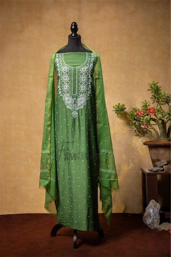 Bottle Green  Chikankari Unstiched MulChanderi Dress Material - Unstiched, Bottle Green