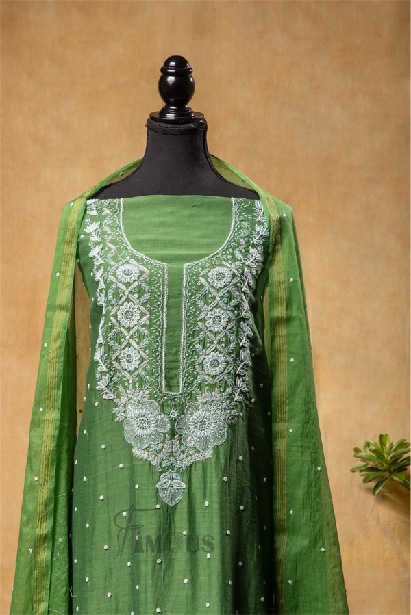 Bottle Green  Chikankari Unstiched MulChanderi Dress Material - Unstiched, Bottle Green