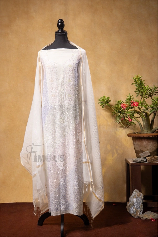 Ultimate Chikankari With Full Sequins Jaal Work Unstiched Dress - Off White, Unstiched