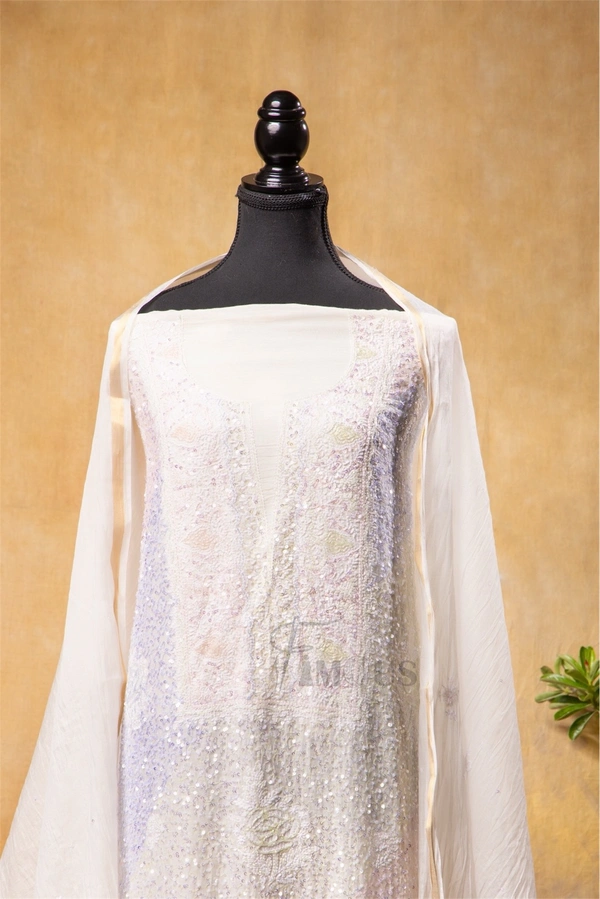 Ultimate Chikankari With Full Sequins Jaal Work Unstiched Dress - Off White, Unstiched