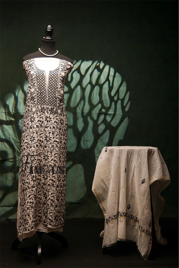 Off White Chikankari Black Jaalwork Mul Chanderi Unstiched Dress - Off White, Unstiched
