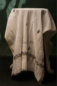 Off White Chikankari Black Jaalwork Mul Chanderi Unstiched Dress - Off White, Unstiched