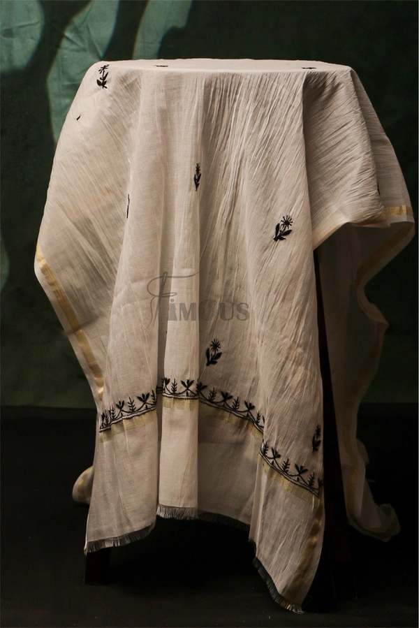 Off White Chikankari Black Jaalwork Mul Chanderi Unstiched Dress - Off White, Unstiched