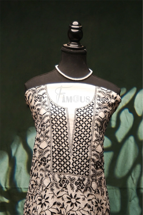 Off White Chikankari Black Jaalwork Mul Chanderi Unstiched Dress - Off White, Unstiched