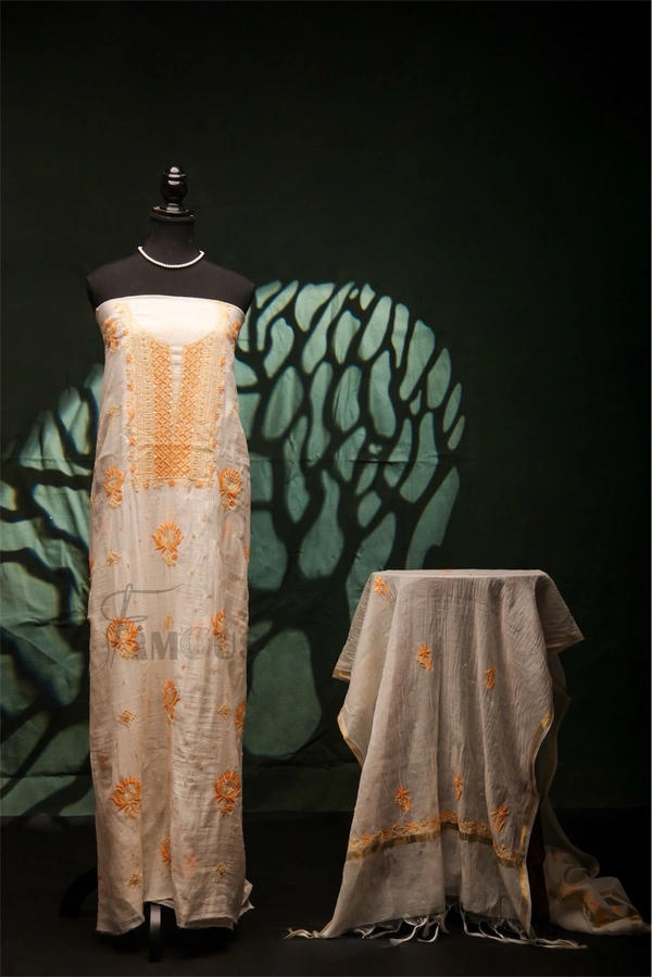 Creamy White Mul Chanderi Unstich Dress - Off White, Unstiched