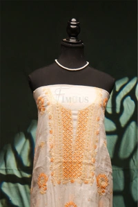 Creamy White Mul Chanderi Unstich Dress - Off White, Unstiched