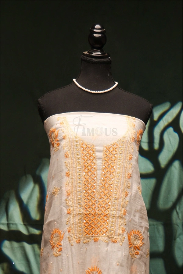Creamy White Mul Chanderi Unstich Dress - Off White, Unstiched
