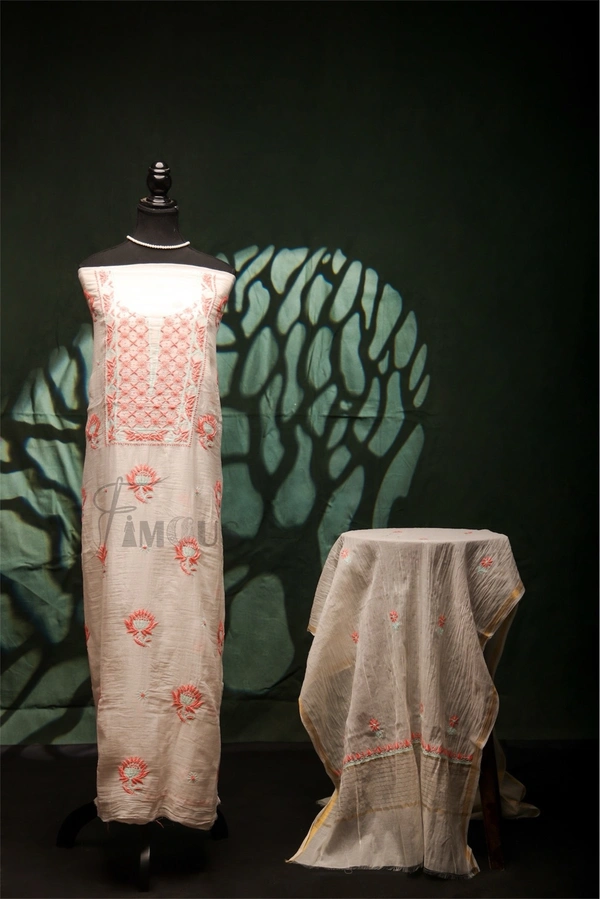 Off White Soft  Mul Chanderi Unstich Dress - Off White, Unstiched