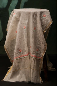 Off White Soft  Mul Chanderi Unstich Dress - Off White, Unstiched
