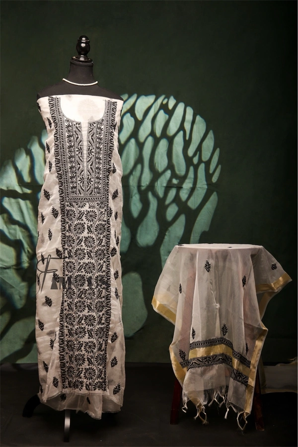 Premium Chikankari White/BlackOrganza Kurta Dupatta  Set - Off White, Unstiched