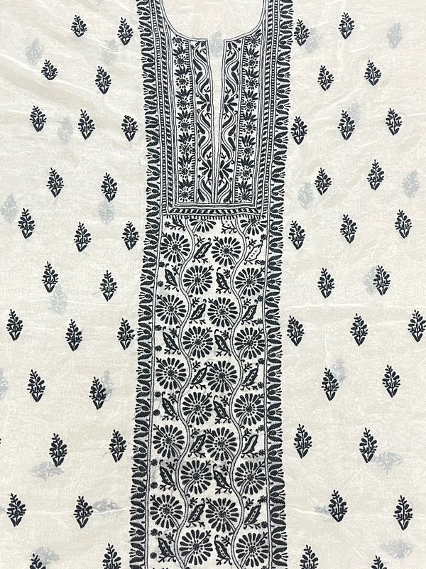 Premium Chikankari White/BlackOrganza Kurta Dupatta  Set - Off White, Unstiched