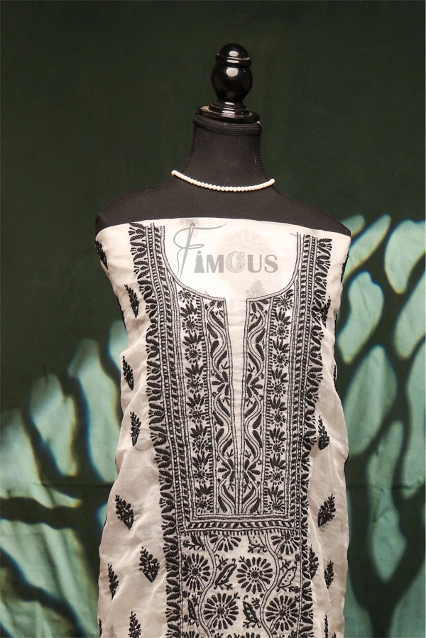 Premium Chikankari White/BlackOrganza Kurta Dupatta  Set - Off White, Unstiched