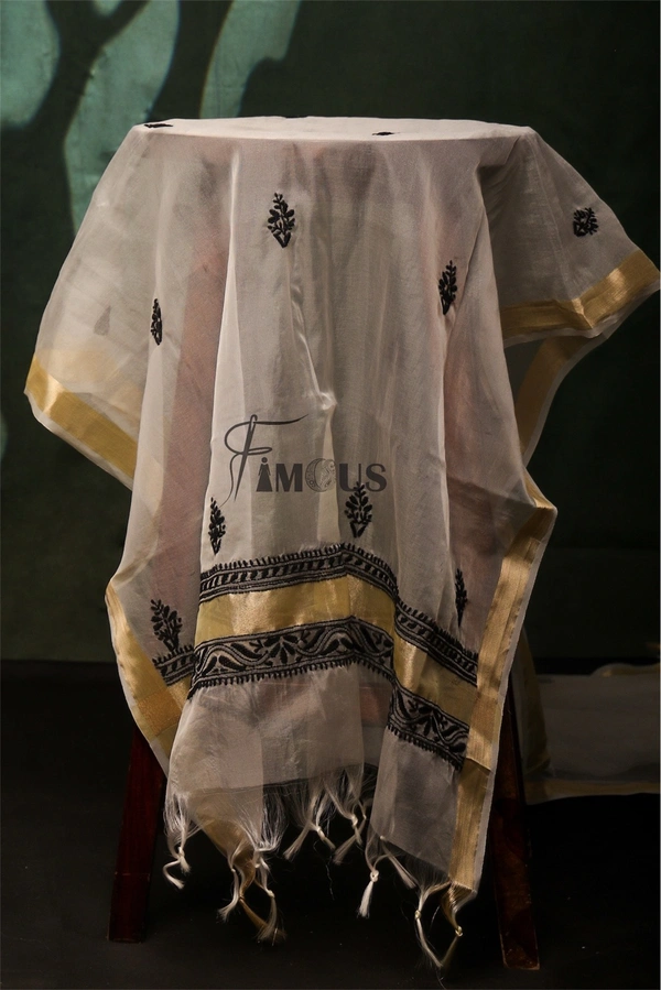 Premium Chikankari White/BlackOrganza Kurta Dupatta  Set - Off White, Unstiched