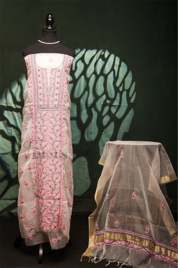 Premium Chikankari White And Pink Threads  Kurta Dupatta  Set - Off White, Unstiched
