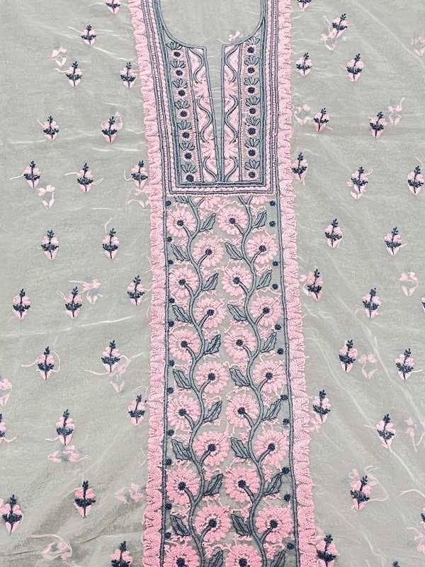 Premium Chikankari White And Pink Threads  Kurta Dupatta  Set - Off White, Unstiched