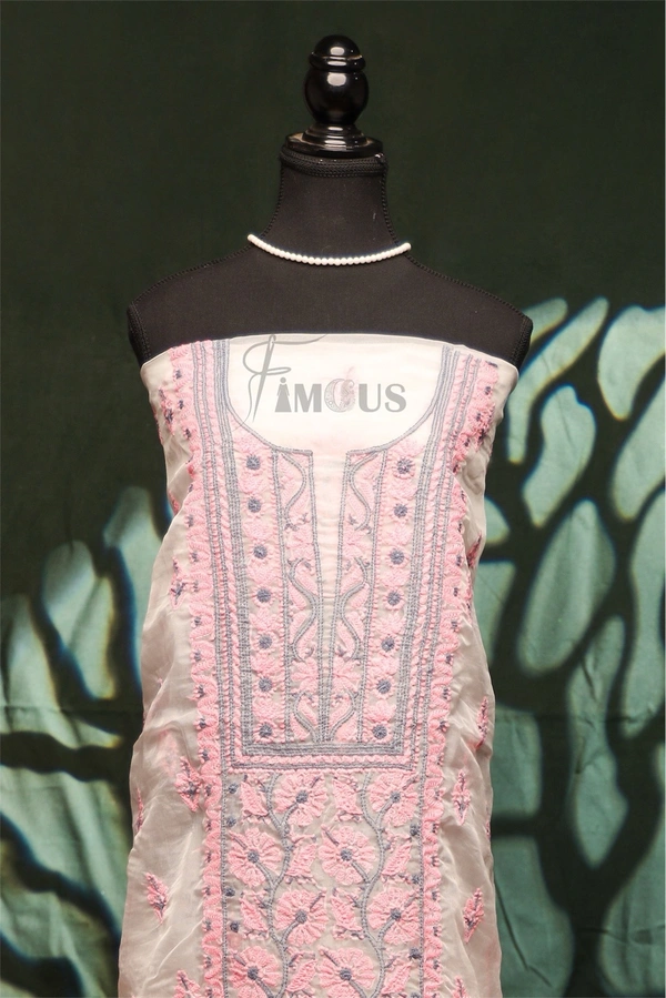 Premium Chikankari White And Pink Threads  Kurta Dupatta  Set - Off White, Unstiched