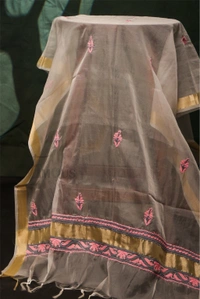 Premium Chikankari White And Pink Threads  Kurta Dupatta  Set - Off White, Unstiched