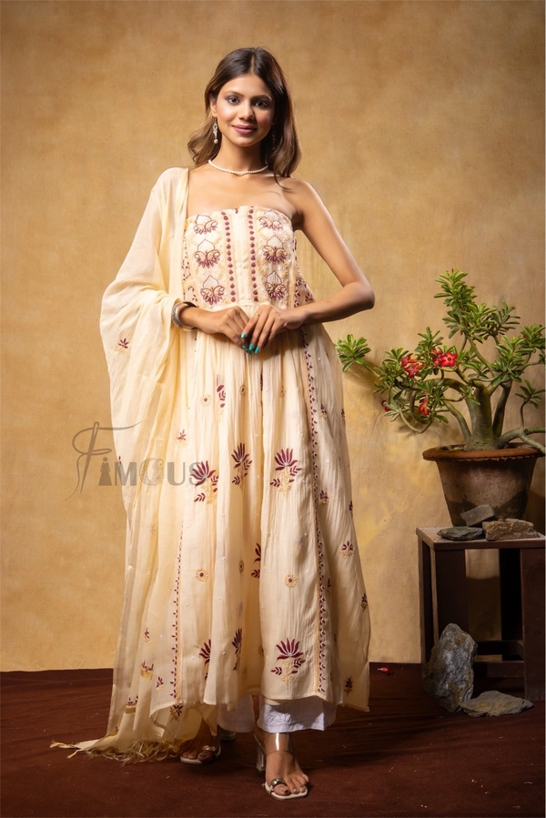 Beige Chikankari and Zardozi Semi-Stitched Gown With Dupatta - Beige, Semi Stiched