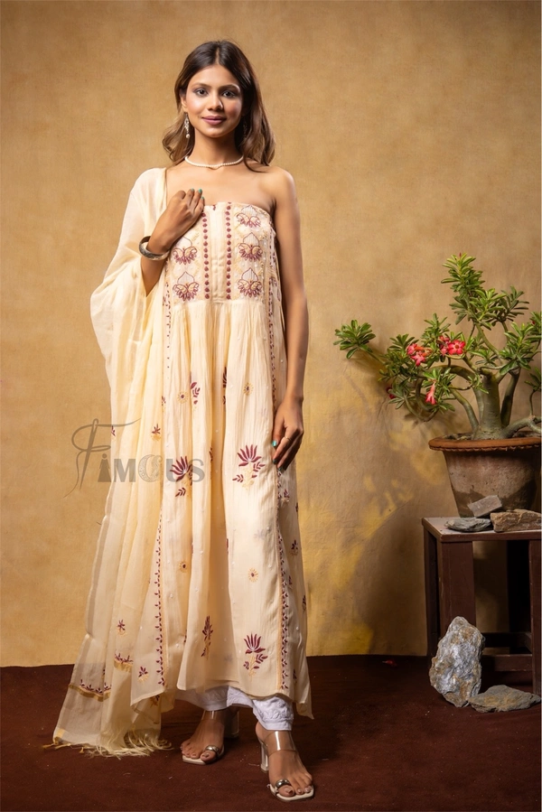 Beige Chikankari and Zardozi Semi-Stitched Gown With Dupatta - Beige, Semi Stiched